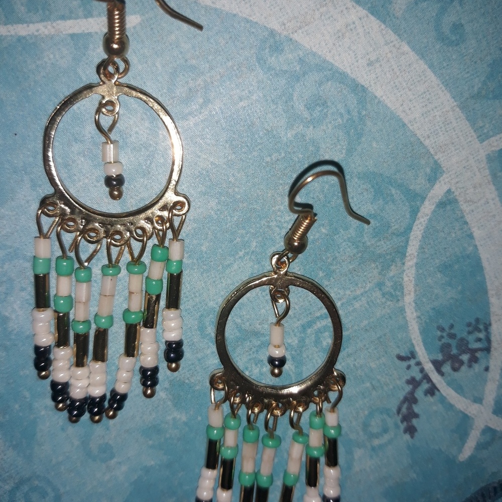 Beautiful gold/white/navy blue/mintgreen beaded tribal earrings. Lightweight.